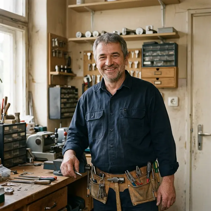 Péter, a Tatabányai Zárügyelet műszakvezetője munkaruhában, szerszámövvel