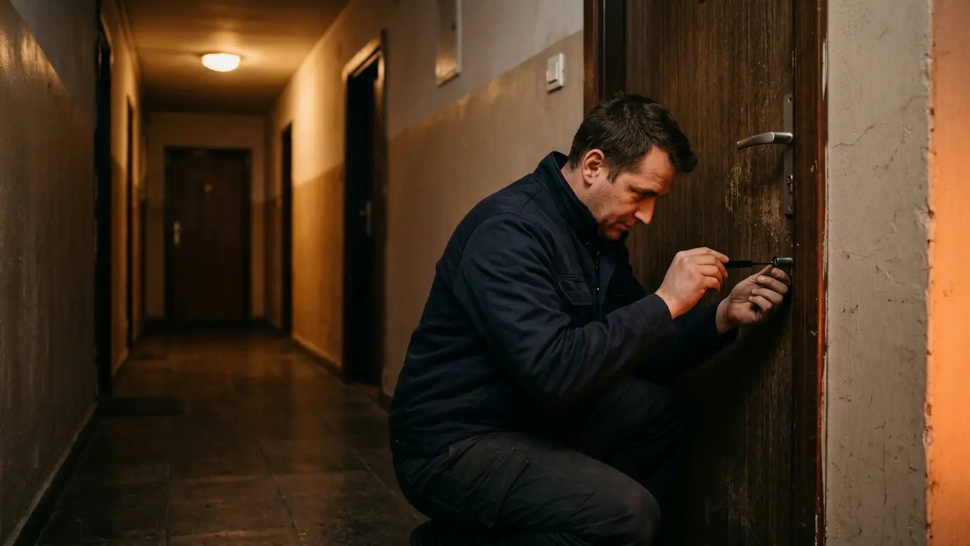 Lakatos sötét munkaruhában egy lakásajtó zárbetétjénél dolgozik egy meleg fényű esti folyosón