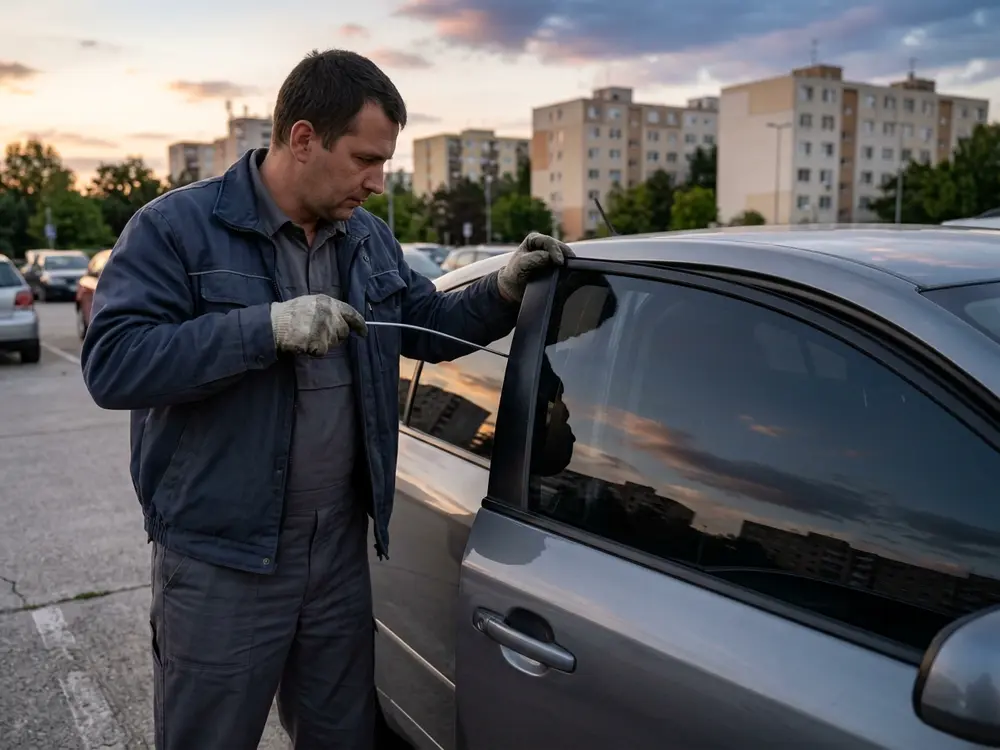 Lakatos szürke autó ajtaját nyitja felfújható ékkel és vékony rúddal egy parkolóban alkonyatkor