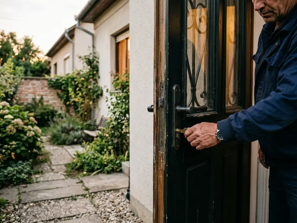 Családi ház bejárati ajtaja többpontos zárral, a lakatos kezében kulcs, esti fényben