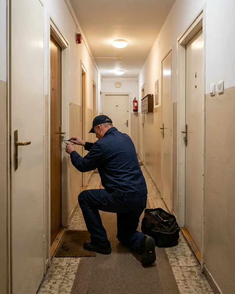 Lakatos egy társasház folyosóján kinyit egy lakásajtót, a felvétel hátulról készült