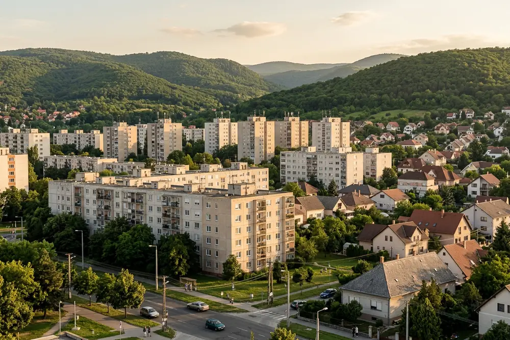 Középméretű magyar város panelházakkal, családi házakkal és zöld dombokkal a háttérben, késő délutáni fényben